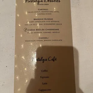 Dessert menu