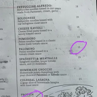 Menu, showing listed prices