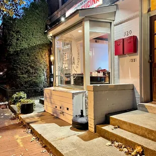 the entrance to a restaurant