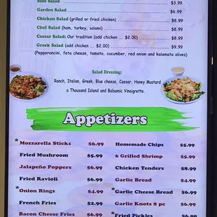 a menu for salads and appetizers