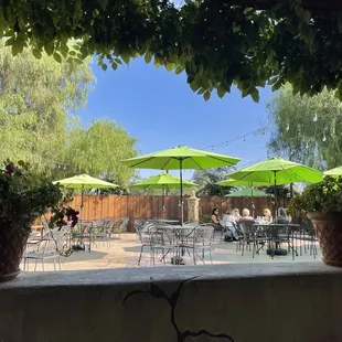 patio area with tables and umbrellas