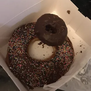 Giant donut with regular chocolate covered chocolate cake donut.