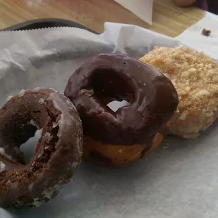 Devil&apos;s food (left), chocolate frosting (middle), lemon crumble (right)