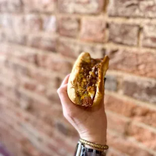 a person holding a hot dog