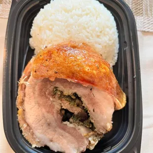 Roasted pork belly roll: marinated abd rolled in jome made seasoning and roasted , crispy, moist and delicious . $18