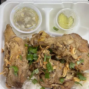 Chicken Adobo: marinated with home made seasoning , sauteed with fresh garlic and soy sauce topped with fried garlic $13.50/ plate