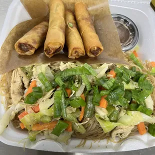 Pancit combo ( rice noodles) comes with either choice of  4 pcs lumpia , 1 Jumbo siopao ( steamed bun) or 2 empanadas . $13.50/ order