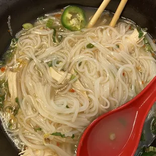 Spicy chicken Pho// the Broth, the level of spicy was just perfect! Definitely coming back here often