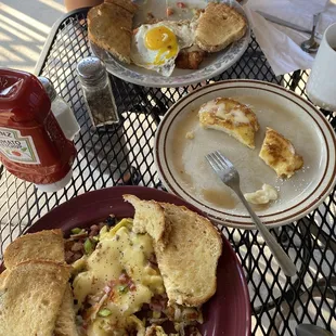 "Denver Mess" and "BTO Mesa" and side of French toast