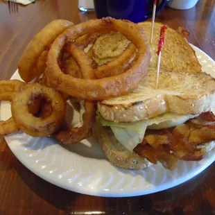 Blue Blot BLT with onion rings.