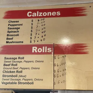 Calzones &amp; Rolls menu