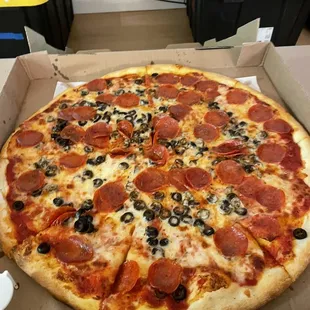 Pepperoni Pizza with black olives