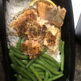 Salmon, white rice, and asparagus