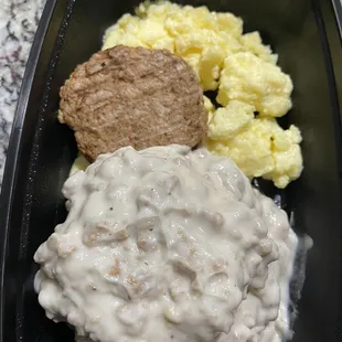 Biscuit and gravy turkey sausage and scrambled eggs