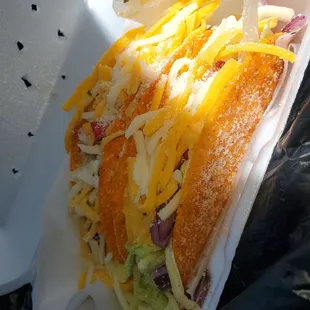 Ground turkey  Chicken  The flavor was mostly in the shell Good experience