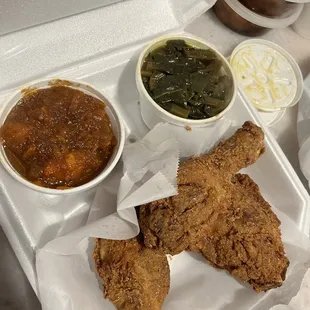 Fried chicken, yams and greens