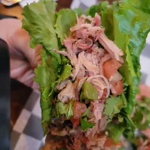 Shredded pork tacos lettuce wrapped