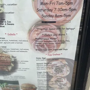 Hours and egg dishes and salads menu