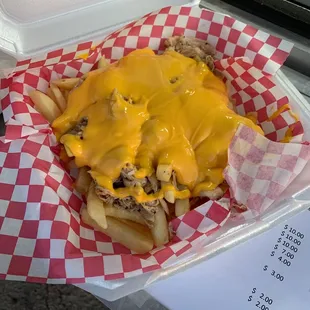 Smoked pulled turkey cheese fries