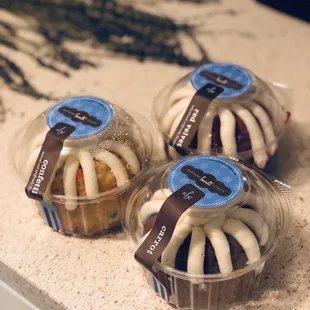 three bundt cakes on a counter