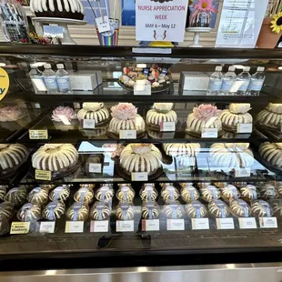 Display case of bundt cakes