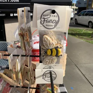 a display of cookies and pastries