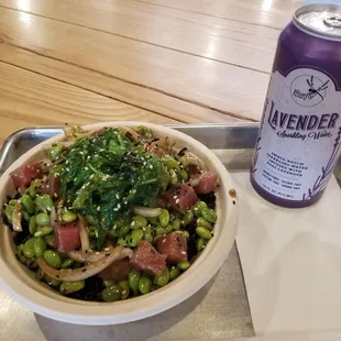 Pohkay tuna and lavender infused sparkling water