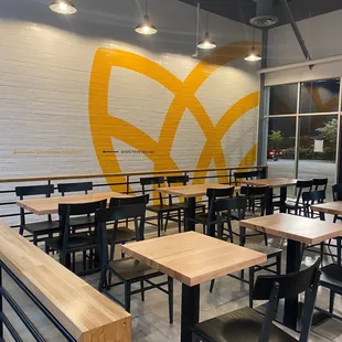 tables and chairs in a restaurant