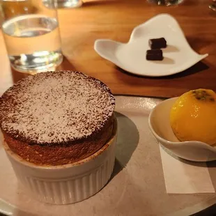 Passion Fruit souffle with passion sorbet
