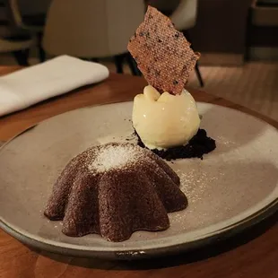 Warm chocolate cake with vanilla ice cream