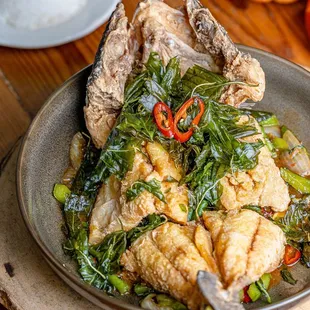 Pla Tod Kapraw, basil sauce served with jasmine white rice