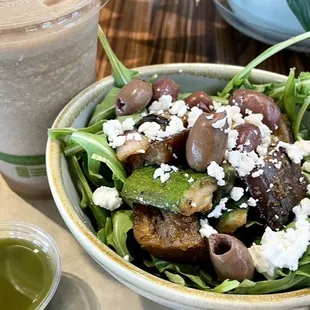 Grilled Mediterranean Vegetable &amp; Feta Salad with their Monkey Joe smoothie