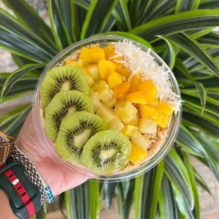 a person holding a bowl of fruit