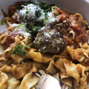 From scratch pasta with meatballs and vegetable sauce