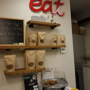 Coffee for sale in bags. And the most delicious gluten-free chocolate chip cookies!