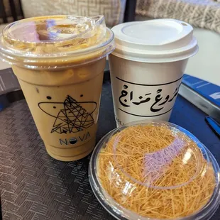 Iced saffron latte, hot Spanish latte, and dessert