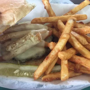 Steel City Burger. Comes with fries and slaw on top!