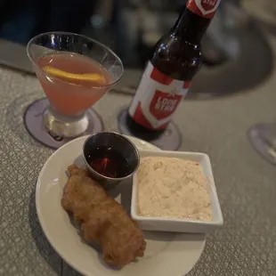 Fried Cod fish, fish n' chips with homemade sauce.