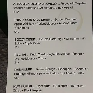 14 November 2024 drink menu