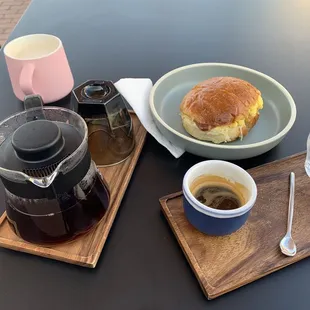House espresso, pour over Columbian roast, breakfast sandwich.