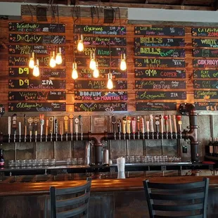 a bar with a variety of beer taps