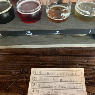 a row of beer glasses on a table