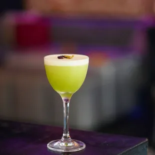 The Samwise Gamgee, made with vodka, cachaca, dolin blanc, sugar snap peas, and lime.