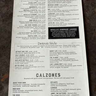 Pizza menu