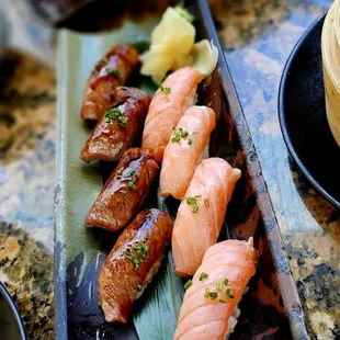 Wagyu nigiri and salmon nigiri