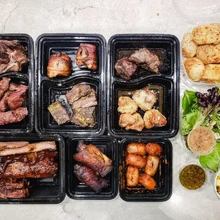 9 varieties of meats, 2 salads, and an order of cheese bread as pandemic takeout. IG: @take.a.bite.with.me