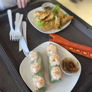 Shrimp fresh rolls and chicken potstickers