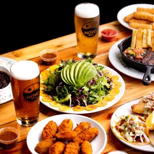 a table of food and drinks