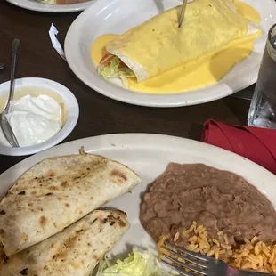 Quesadilla Dinner, Refried Beans and Rice, Super Burrito.