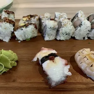 Top left to bottom right: eel avocado, hamachi, tako, hotate